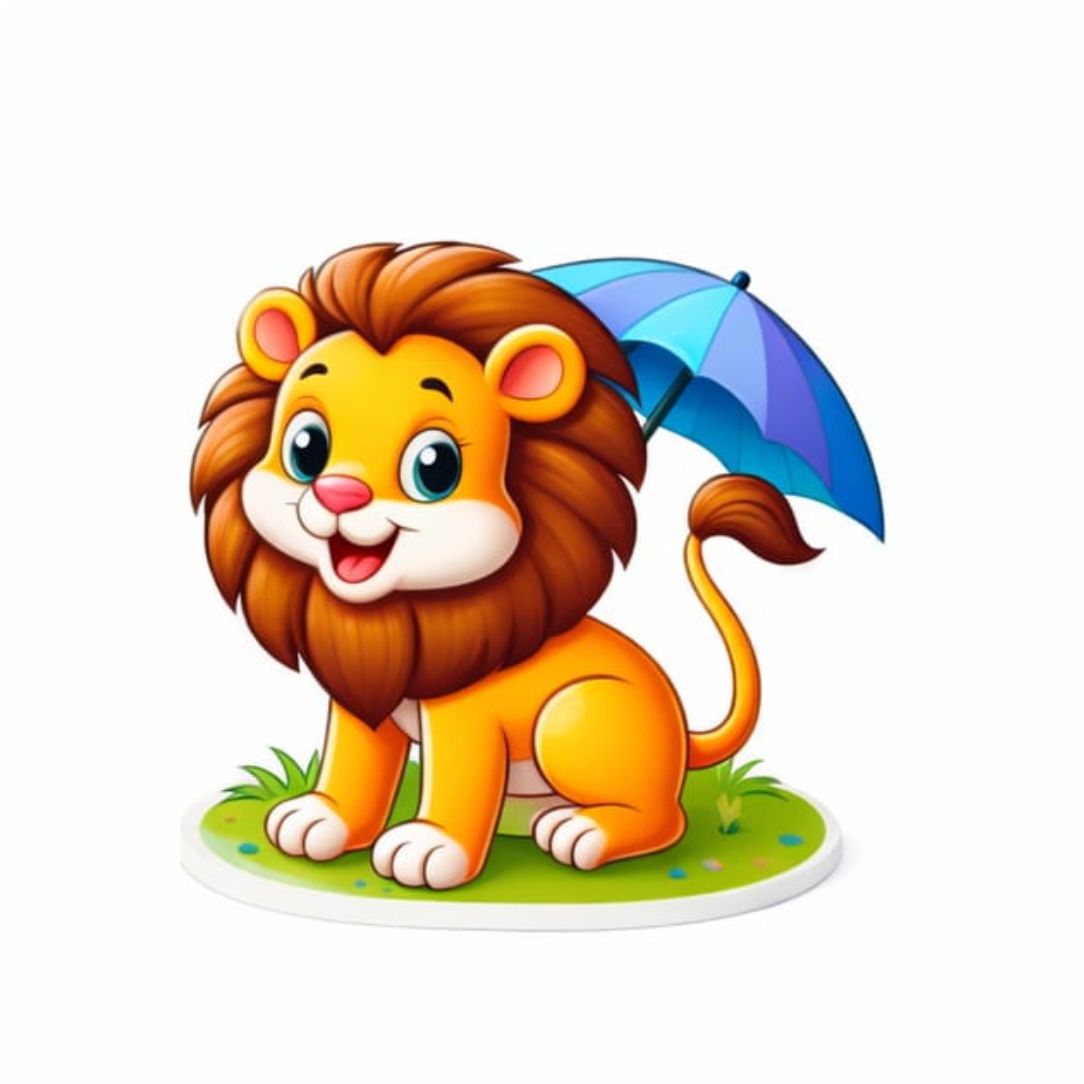 Cute Lion with Umbrella Cartoon Poster